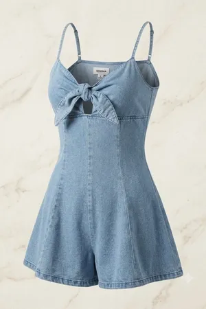SHEIN Denim Tie Front Cutout Romper Size L Y2K Light Wash Flared Shorts Women thumbnail 1