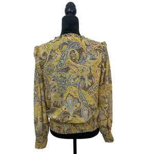 Ann Taylor Womens M Yellow Paisley Smocked Hem Wrap V-Neck Blouse Long Sleeve thumbnail 3