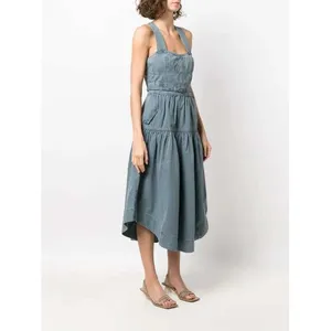 Ulla‎ Johnson Enzo Denim Dress Blue Cotton Tiered Midi Sweetheart Neck Size 4 thumbnail 11