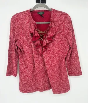LRL Lauren Jeans Co Womens Ruffled Top Size L‎ Western Cowgirl Boho Lace Up thumbnail 1
