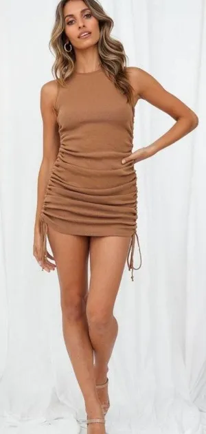 Lioness x Revolve Military Minds Brown Tan Ruched Mini Dress NWT Size XS thumbnail 1