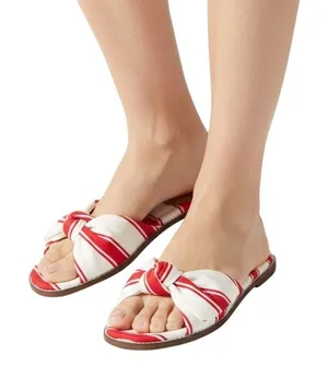 J.Crew Red/Ivory Stripe Print Cotton Upper Knot Slide Sandals, US7.5 thumbnail 1