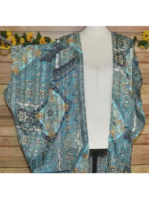 Umgee Womens S/M Blue Paisley Metallic Kimono Duster Boho Open Front Cardigan thumbnail 4