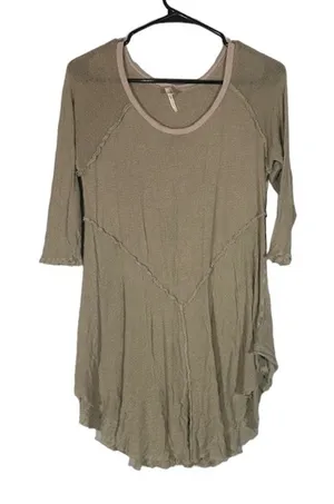 Free People Intimately Olive Gauze Distressed Scoop Neck Shirt Women Sz L thumbnail 1