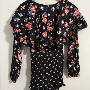 ASOS Floral Print Ruffle V Neck‎ Long Sleeve Black Mini Dress Women US 4 thumbnail 5