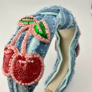 Embellished Denim Headband with Cherry Design NEW Blue thumbnail 4