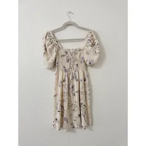 H&M Floral Smocked Puff Sleeve Mini Dress Cream XS thumbnail 3