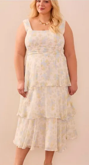 NWT Arula Eliana Tiered Floral Midi Dress Plus Size 1X Ivory Blue Tiered Shimmer thumbnail 1