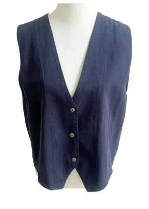 Vintage Au Coton Waistcoat Vest Women's Navy Sleeveless V-Neck Classic One Size thumbnail 1