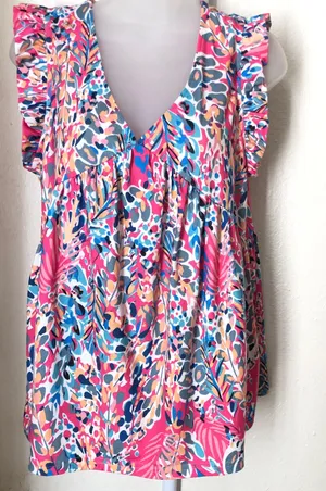 Deep V neck colorful multicolored ruffle hem sleeveless top blouse thumbnail 1
