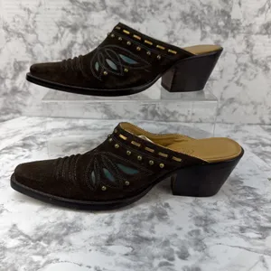 Cole Haan Western Heeled Mules Size 7 Brown Suede Turquoise Studded Butterfly thumbnail 8