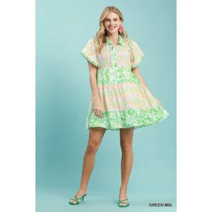 Umgee Mixed Floral Tiered Mini Dress with Flutter Sleeves - Green Mix - Medium thumbnail 6