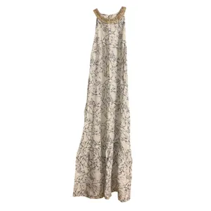 120% Lino Linen Beaded Halter Maxi Dress Floral White Blue EU 38 US 6 Coastal thumbnail 2