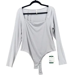 Halara Bodysuit XL‎ Ribbed Square Neck Light Gray Baselayer Minimalist Staple thumbnail 1
