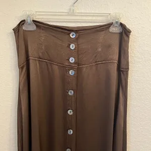 Raquel Allegra Satin Maxi Skirt L Button Front Boho Indie Minimalist Moss Brown thumbnail 5
