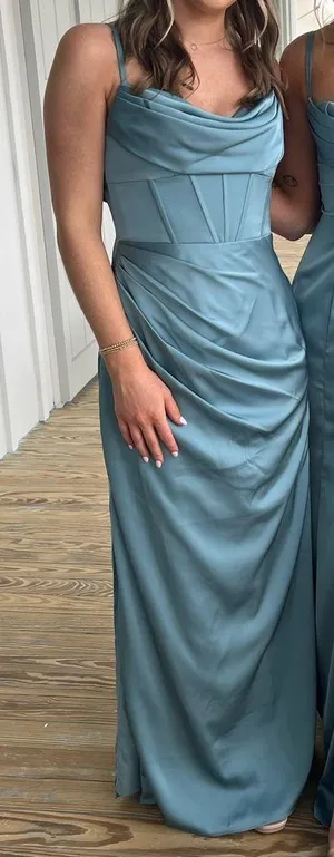 Azazie Mai Moody Blue Stretch Satin Dress thumbnail 3