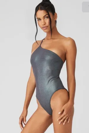 Alo Yoga Alosoft Ribbed Shimmer Bodysuit Dark Grey Iridescent Size S NWT thumbnail 1