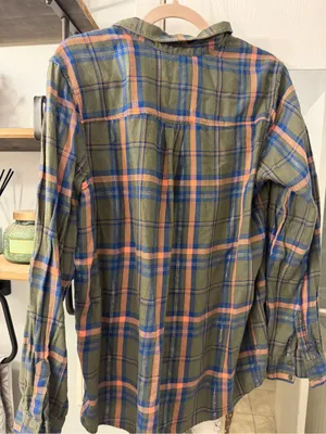Express Olive Plaid Button-Down Shirt with Blue and Peach Accents thumbnail 3