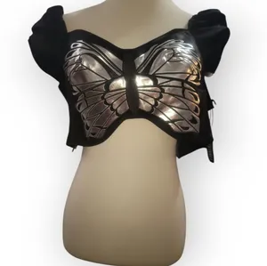 DOLLS KILL CURRENT MOOD joy‎ is fleeting black silver butterfly crop top xs nwt thumbnail 3