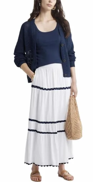 Caslon Rickrack Trim Linen Blend Tiered Maxi Skirt NWT White Navy Large thumbnail 1