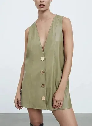 ZARA Mini PINAFORE FAUX LEATHER A-LINE V-Neck DRESS W/ BUTTONS Green SIZE S NEW thumbnail 8