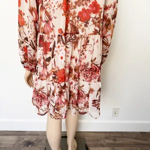 [H&M] Pink Floral Print V-Neck Tiered Chiffon Balloon Sleeve Mini Dress Size 6 thumbnail 9