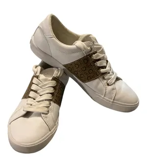GUESS Los Angeles Women’s White Low-Top Laced Sneakers with Brown Monogram Stripe Panel thumbnail 1