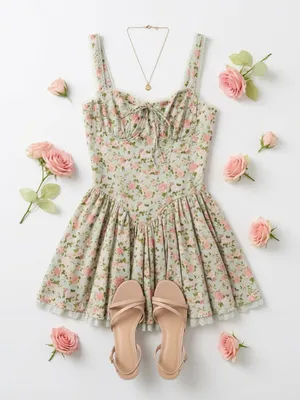 Floral Lace Trim Fit And Flare Mini Dress thumbnail 1