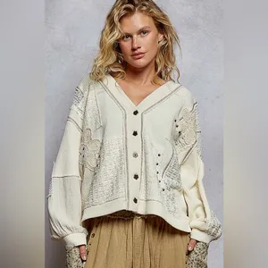 POL Lg Cream Patchwork V-Neck Button Front Cardigan thumbnail 4