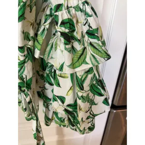 Boston Proper Floral Leaf Print Tiered Ruffle Sleeve Wrap Top Green White S thumbnail 4
