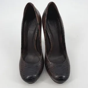 Tory Burch Brown Snakeskin Leather Platform Pumps Gold Logo Heel Size‎ 5.5M thumbnail 3