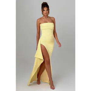 NWT Babyboo Zafira Lemon Yellow Ruched High Slit Draped Maxi Dress Womens Size L thumbnail 6