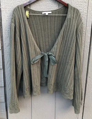 Women's Green Open Knit Tie Front Cardigan Sweater bohemian whimsical size 3X thumbnail 1