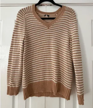 J. Crew Womens Tan White Striped 100% Cotton V-Neck Sweater Size M RN77388 thumbnail 1
