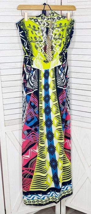 Alya Tribal Print Beaded Maxi‎ Halter Dress Neon Yellow Multicolor Small thumbnail 1