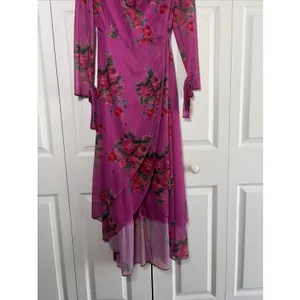 Betsey Johnson Wrap Mesh Maxi Dress‎ Womens 2 Pink Floral Rose High Low Ruffle thumbnail 2