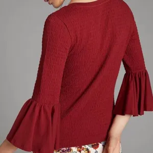 Anthropologie Smocked Bell-Sleeve Top Shirt Blouse Wine Red Burgundy Medium thumbnail 3