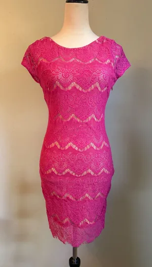 Bebe Pink Lace Bodycon Dress Mini M y2k dainty party formal romantic coquette thumbnail 1