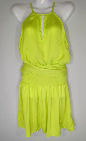 Do+Be Neon Green Smocked Waist Halter Neck Mini Dress Women's S Party Cocktail‎ thumbnail 1