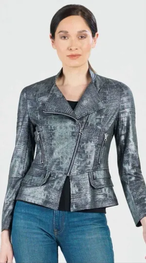 Clara Sunwoo Metallic Liquid Leather Textured Biker Jacket Gunmetal Small thumbnail 1