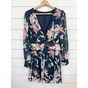 Lulus Mini Dress M Navy Floral Metallic Sheer Long Sleeve Twisted Front V-Neck thumbnail 3