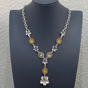LUCKY BRAND Silver-tone Chain Flower Cabochon Y-Necklace 31g thumbnail 4