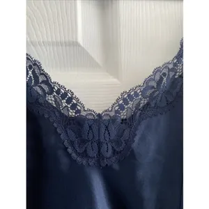 Vintage Lace Trim Satin Full Slip Womens Size M Navy Blue Lingerie Nightgown thumbnail 4