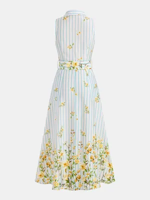 Commence Light Blue Striped Maxi Dress with Yellow Floral Print Small NWT thumbnail 2
