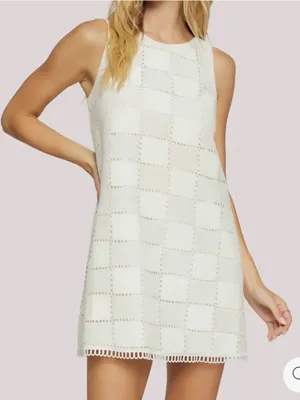Lost + Wander White Crochet Check Mini Dress With Pockets thumbnail 1