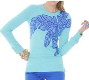 Lilly Pulitzer Charter Aqua Sweater Palm Leaf Design Wool Blend Long Sleeve Size thumbnail 1
