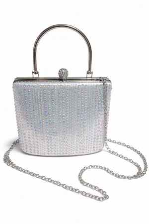 Silver Rhinestone Evening Clutch with Detachable Crossbody Chain Strap thumbnail 1