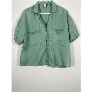 Pilcro Anthropologie Green Linen Blend Short Sleeve Button Up Cropped Shirt S thumbnail 4