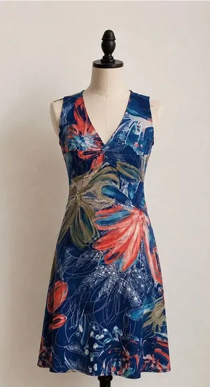 Made in Italy Tropical Floral Midi Dress | Blue Wrap Style | Size Small thumbnail 1
