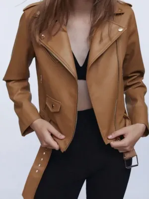 Zara‎ Faux Leather Moto Jacket Camel Brown Size L thumbnail 1